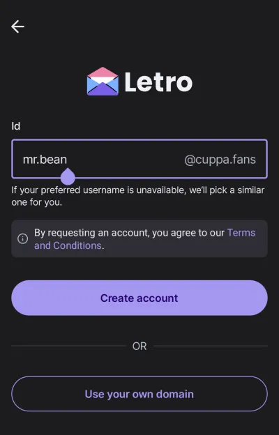 Letro signup with Relaycorp-managed domain name